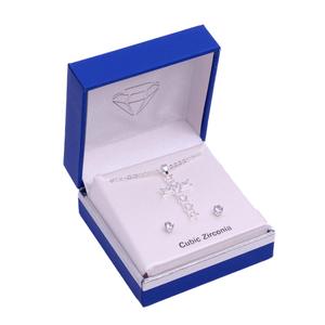 Silver-Tone CZ Cross Pendant Necklace & Round Earrings Set
