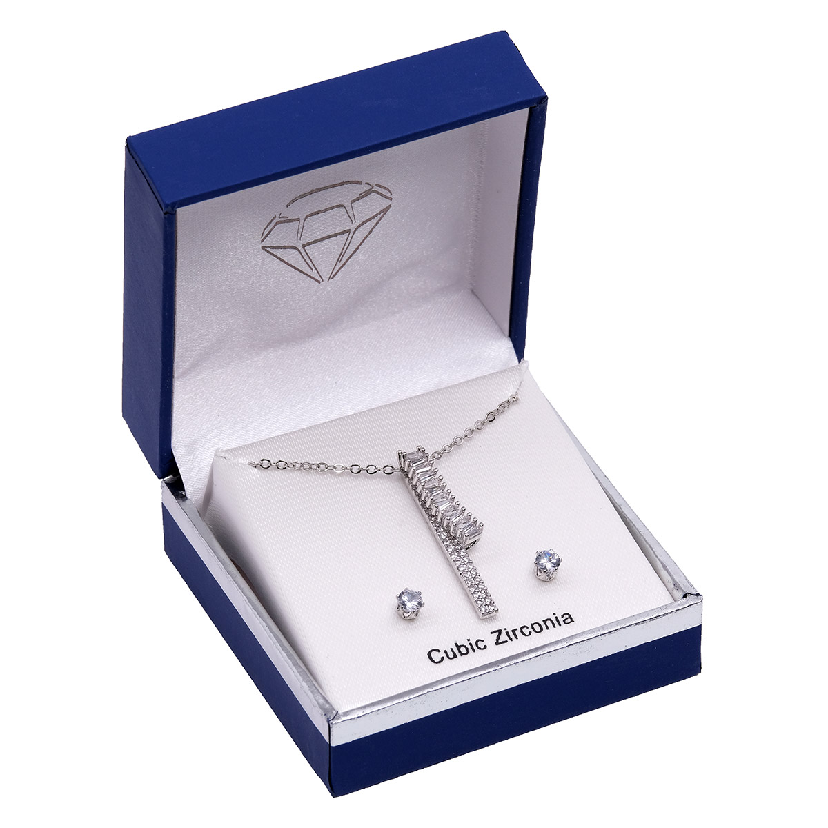 Silver-Tone CZ Bar Pendant Necklace & Earrings Set