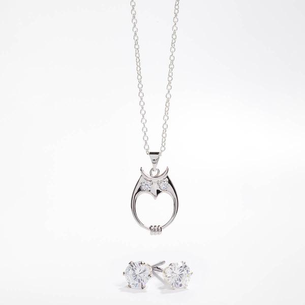 Silver-Tone CZ Owl Pendant & Earring Set