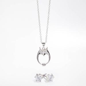 Silver-Tone CZ Owl Pendant & Earring Set