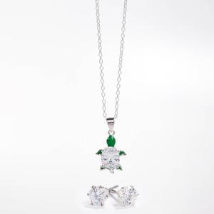Silver-Tone CZ Turtle Pendant & Earring Set
