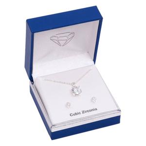 Silver Tone CZ Solitaire Pendant & Round Earrings Set