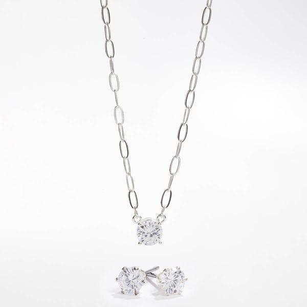 Silver-Tone CZ Paperclip Link Necklace & Earring Set