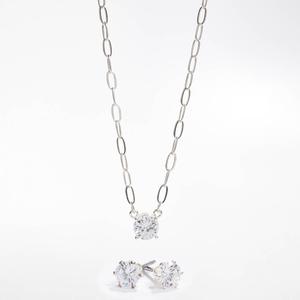 Silver-Tone CZ Paperclip Link Necklace & Earring Set