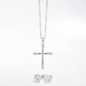 Silver-Tone CZ Cross Pendant & Earring Set
