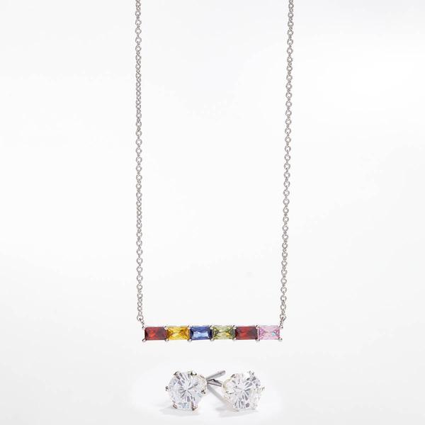 Silver-Tone CZ Rainbow Bar Necklace & Earring Set