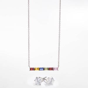 Silver-Tone CZ Rainbow Bar Necklace & Earring Set