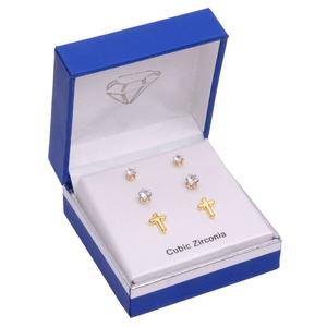 Gold-Tone Cross CZ Earring Trio Set