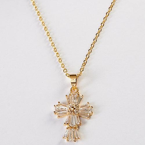 Gold CZ Thick Cross Pendant Necklace