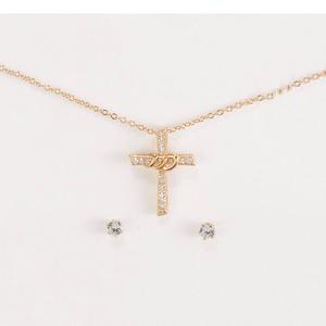 Gold-Tone CZ Pave Cross Pendant & Round Earrings Set
