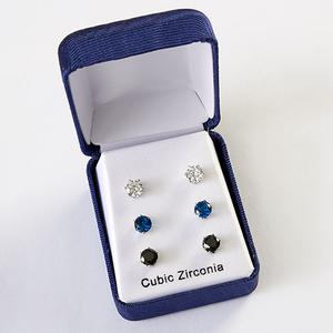 3pr. Round CZ Post Earrings Set - Silver/Blue/Black