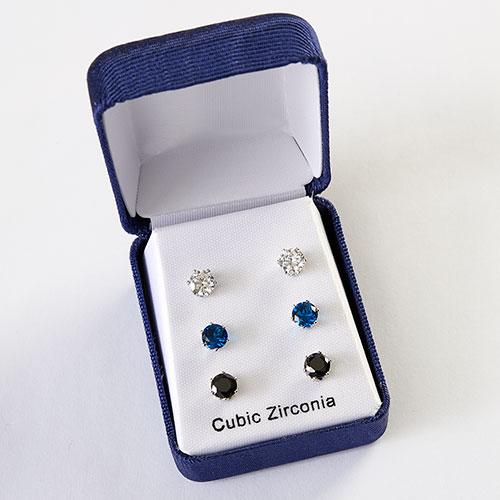 3pr. Round CZ Post Earrings Set - Silver/Blue/Black
