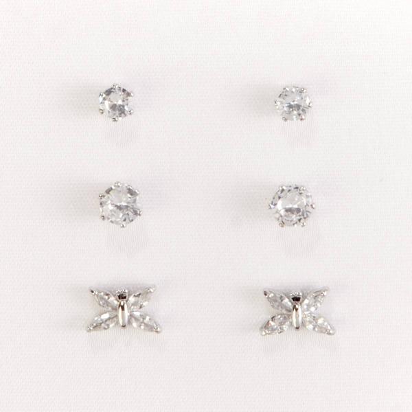 Silver-Tone CZ Stud & Butterfly Earring Trio Set