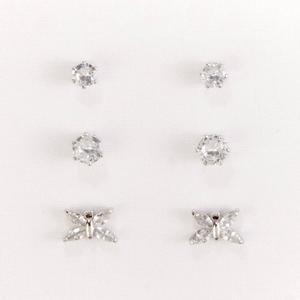 Silver-Tone CZ Stud & Butterfly Earring Trio Set