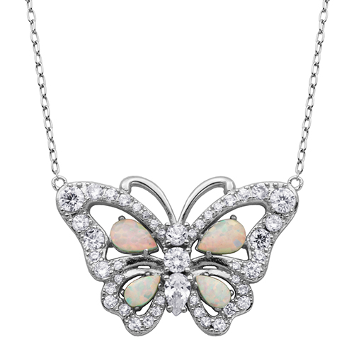 Splendere Sterling Silver Opal Butterfly Pendant Necklace