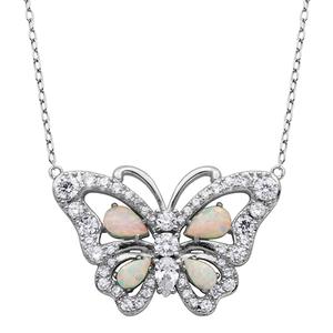 Splendere Sterling Silver Opal Butterfly Pendant Necklace