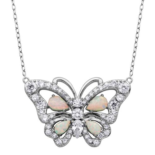 Splendere Sterling Silver Opal Butterfly Pendant Necklace