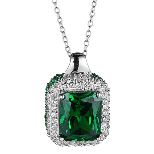 Sterling Silver Green CZ Emerald Pendant Necklace