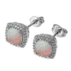 6mm Cushion Cut Simulated Opal & CZ Stud Earrings