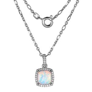 8mm Cushion Simulated Opal & CZ Pendant Necklace