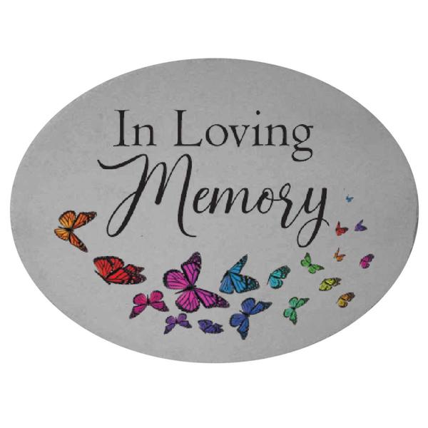 In Loving Memory w/ Colorful Butterflies Oval Memorial Stone