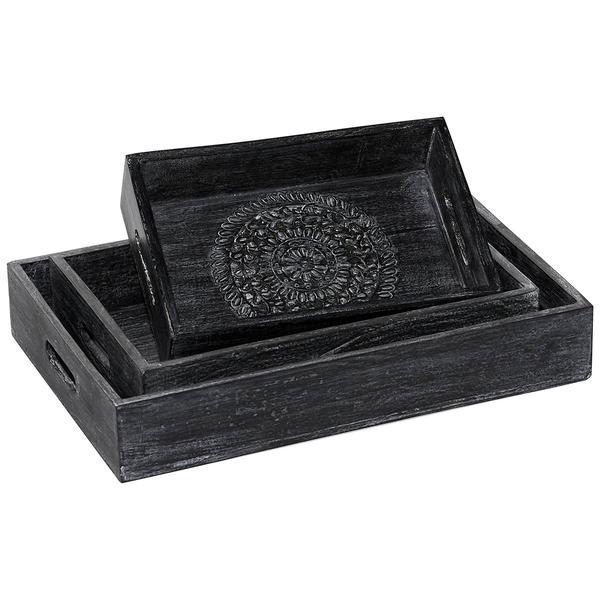 9th & Pike(R) Black Carved Wooden Trays - Set Of 3