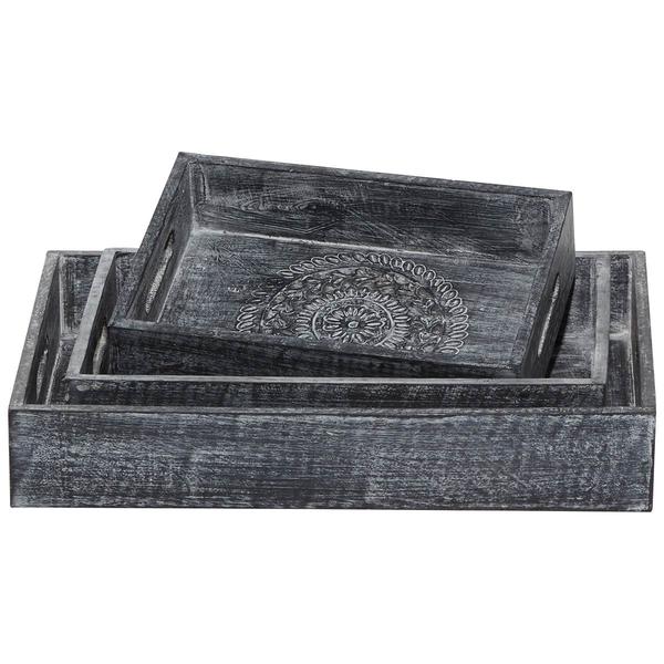 9th & Pike(R) Black Carved Wooden Trays - Set Of 3 alternate view