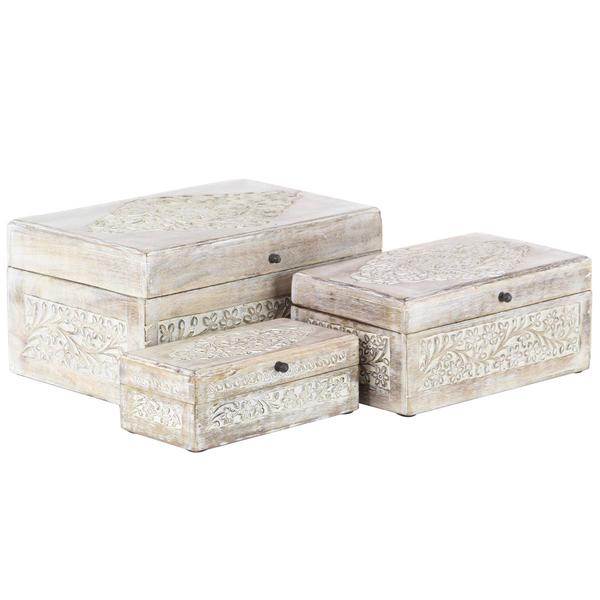 9th & Pike(R) Carved Floral White Wood Storage Box - Set Of 3