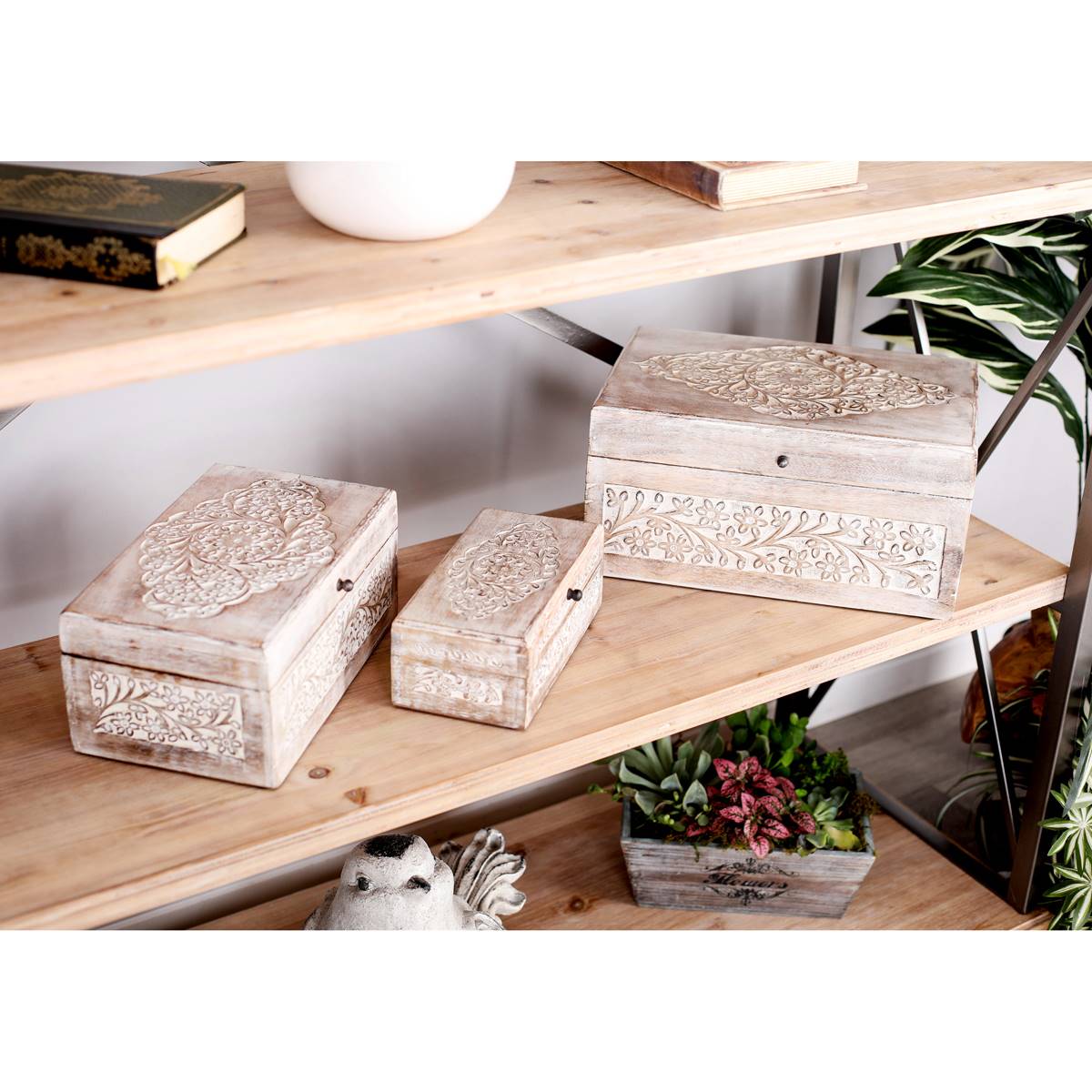 9th & Pike(R) Carved Floral White Wood Storage Box - Set Of 3