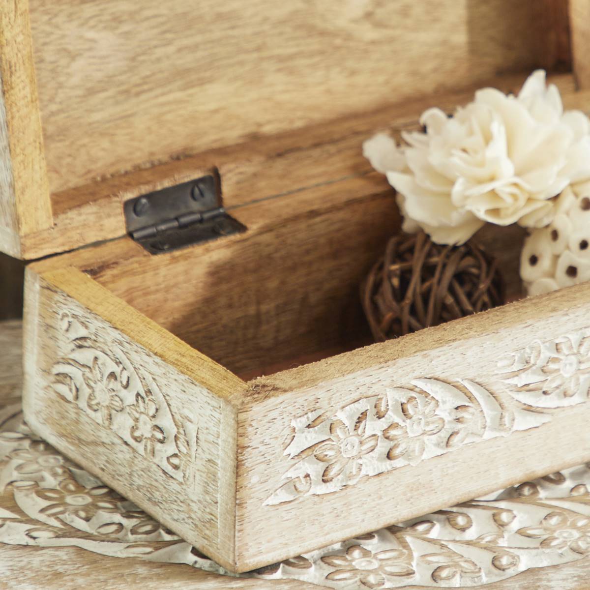 9th & Pike(R) Carved Floral White Wood Storage Box - Set Of 3