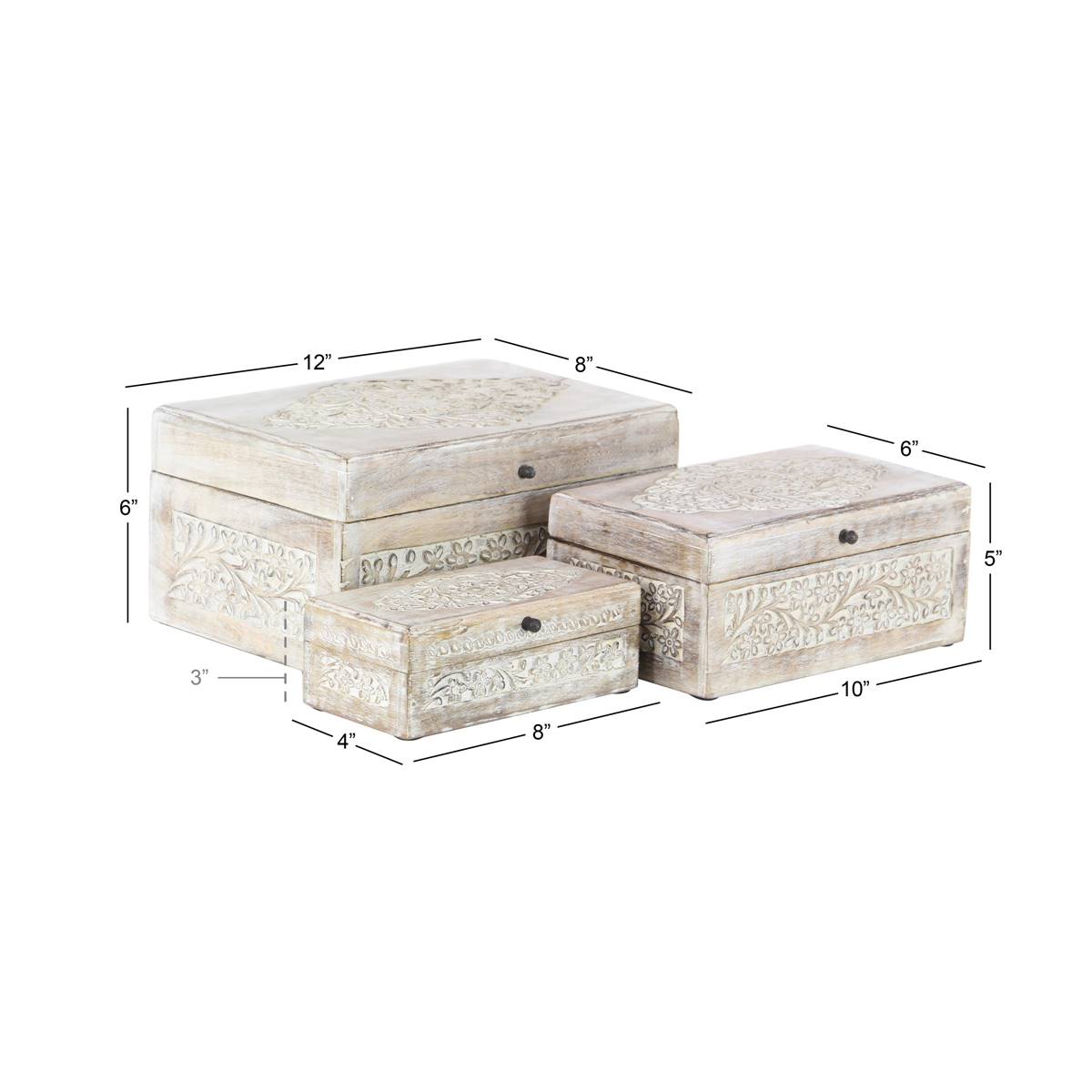 9th & Pike(R) Carved Floral White Wood Storage Box - Set Of 3