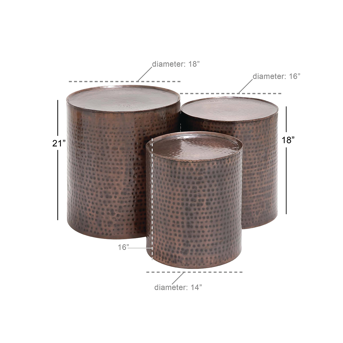 9th & Pike(R) Small Hammered Metal Round End Tables - Set Of 3