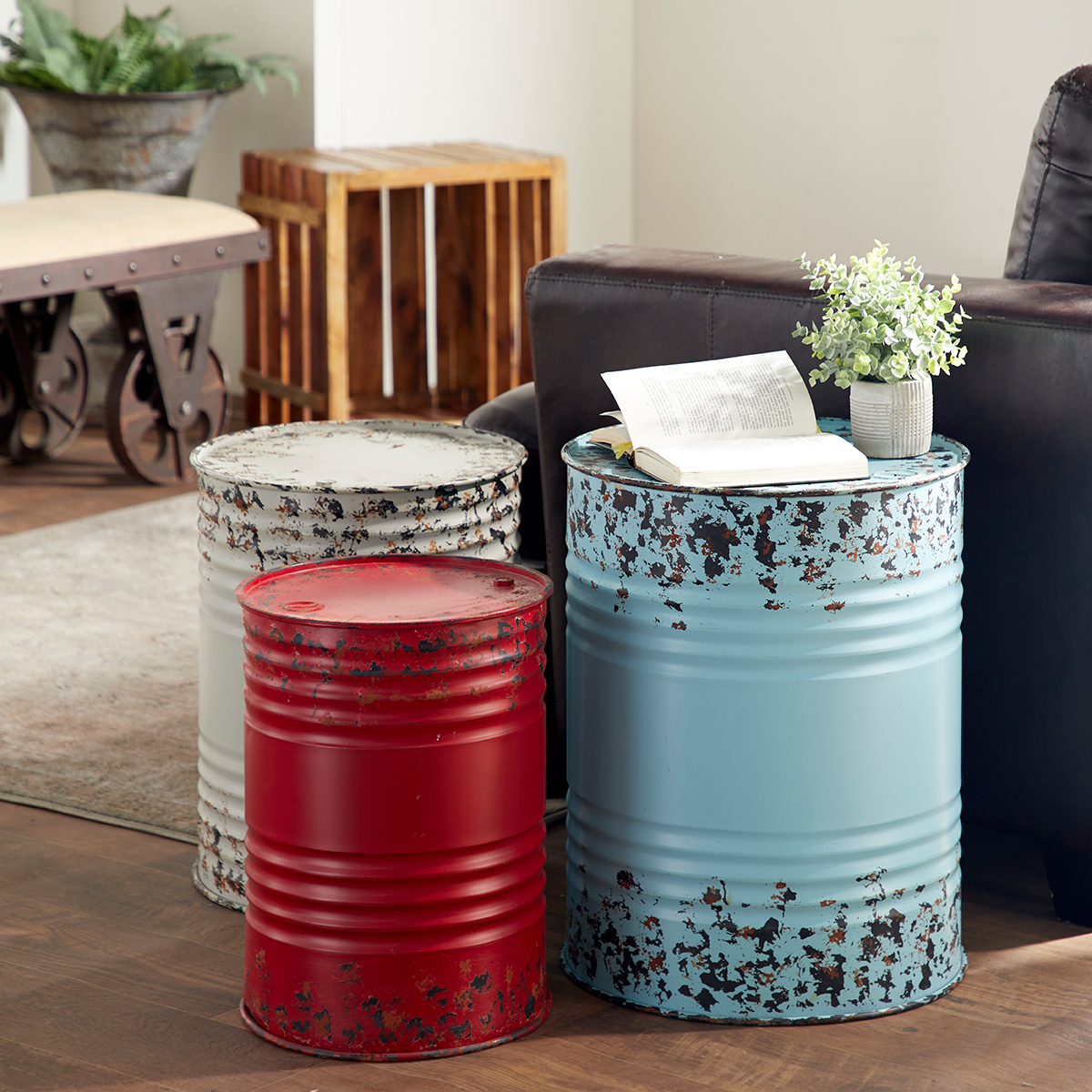 9th & Pike(R) Multi Metal Drum Round End Tables - Set Of 3