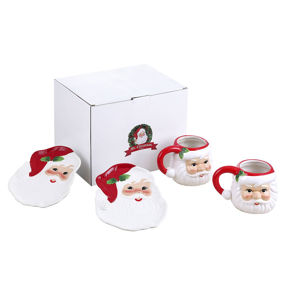 Mr. Christmas 20oz. Santa Mugs & 8in. Santa Plates - Set Of 4