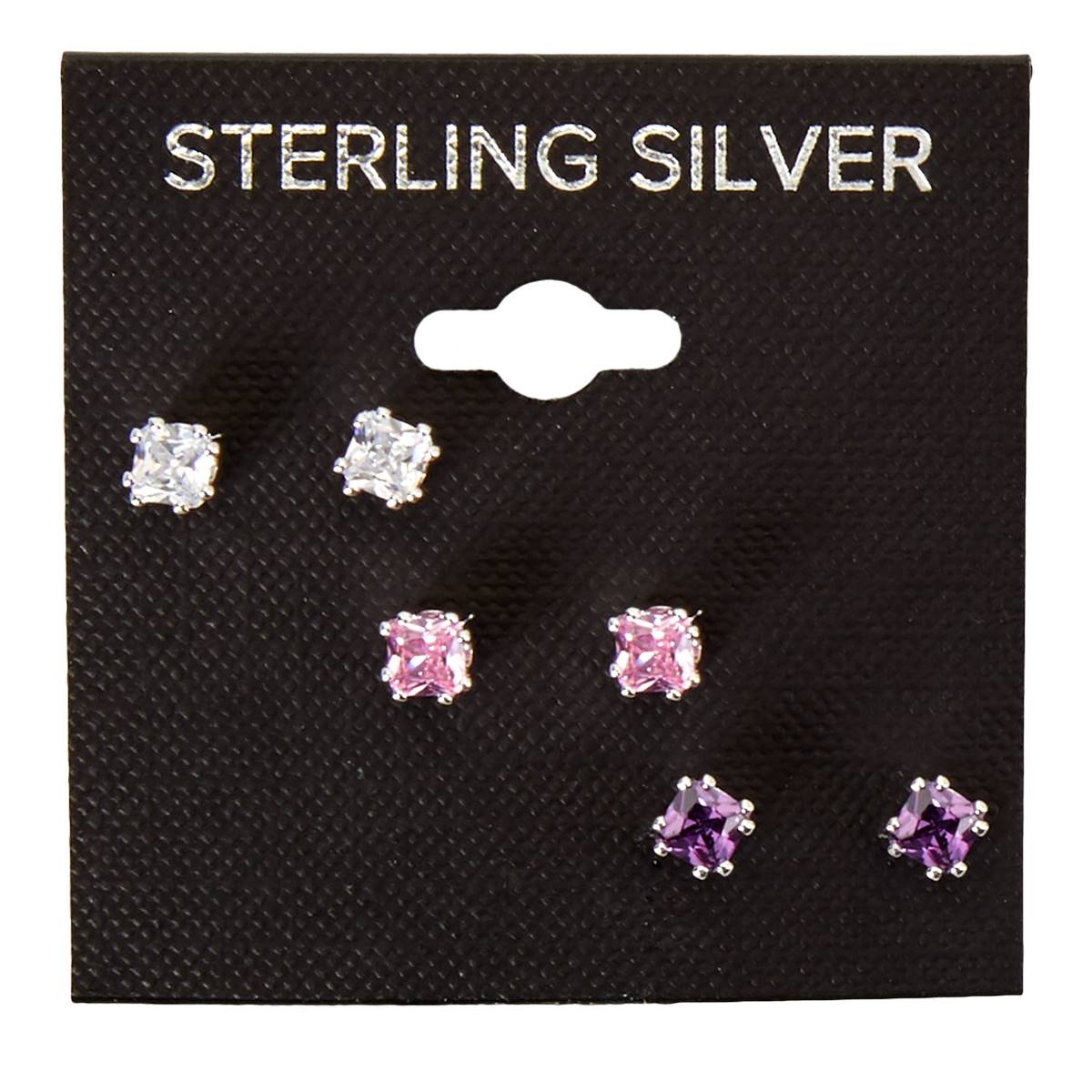 Sterling Silver Multi CZ Trio Stud Earrings