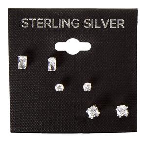 3pr. Sterling Silver CZ Shape Stud Earrings Set