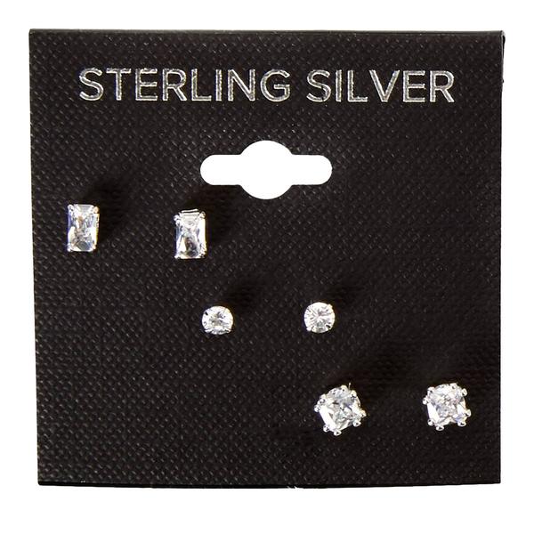 3pr. Sterling Silver CZ Shape Stud Earrings Set