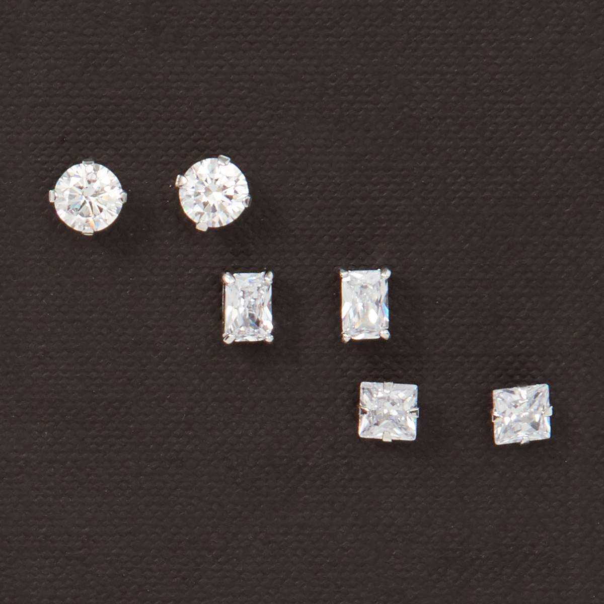 Set Of 3 Sterling Silver & Multi Shape CZ Stones Earrings