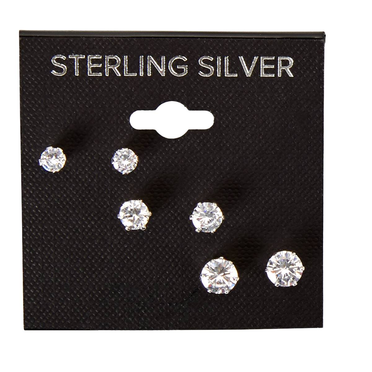 Sterling Silver Round CZ Trio Stud Earrings