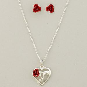 Sterling Silver Heart Rose Pendant & Earrings Set