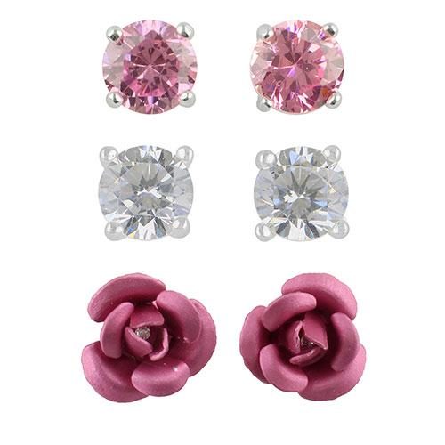 3pr. Sterling Silver Rose Stud Earrings Set