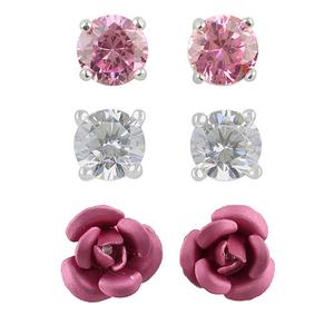 3pr. Sterling Silver Rose Stud Earrings Set