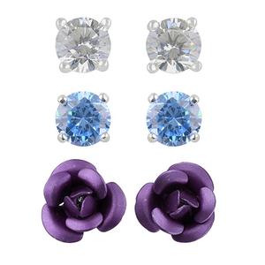 3pr. Silver Plated Crystal Rose Earrings Set