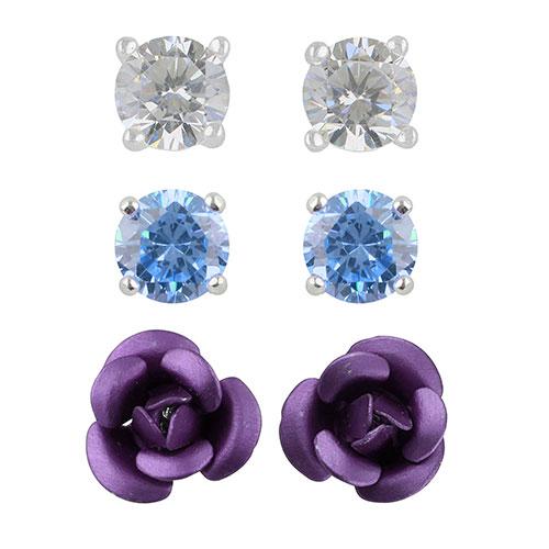 3pr. Silver Plated Crystal Rose Earrings Set