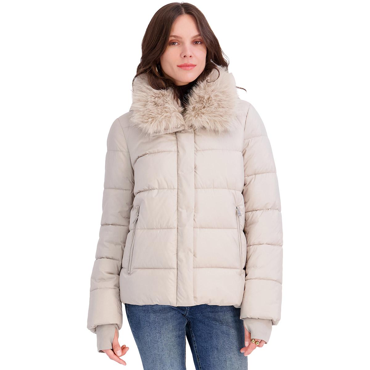Womens Tahari Vera Short Puffer Coat with Faux Fur Collar