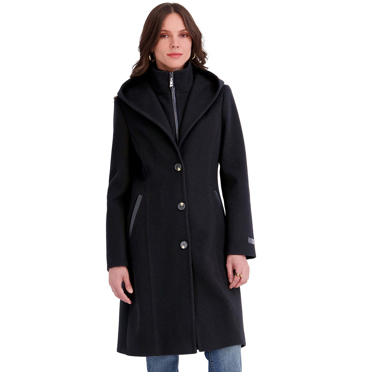 Tahari Women's Bibbed Faux-Leather Trimmed Hooded Coat - Black