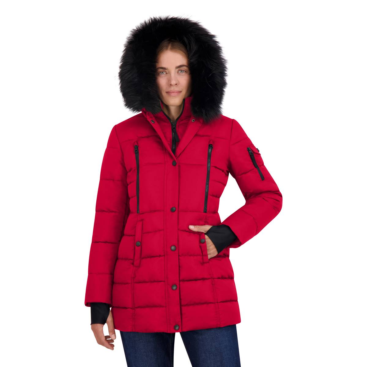 Womens Nautica Puffer Coat With Faux Fur Hood & Bib