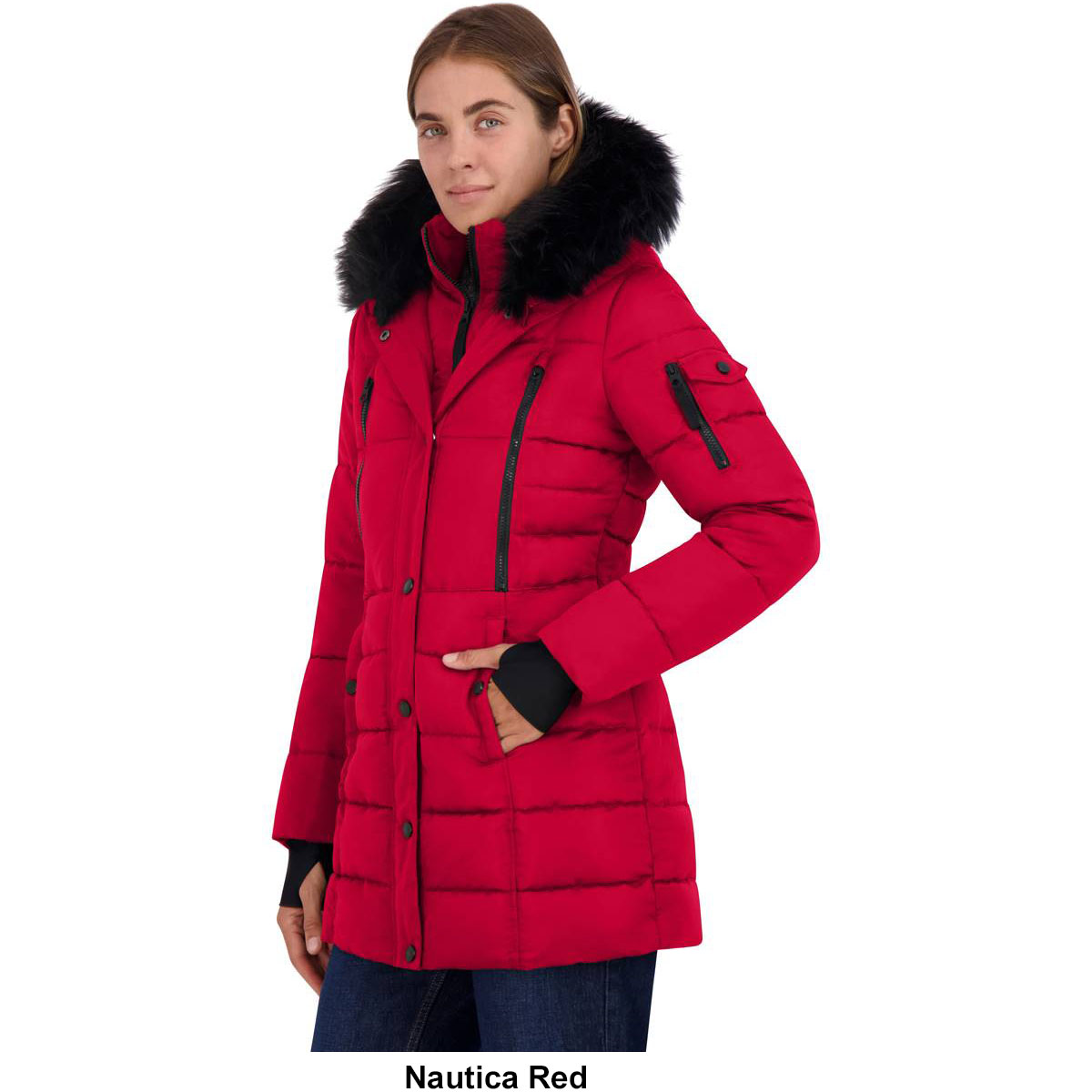 Womens Nautica Puffer Coat With Faux Fur Hood & Bib