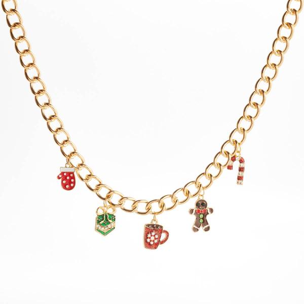 Season Greetings Gold Plated Chain Necklace with Holiday Charms