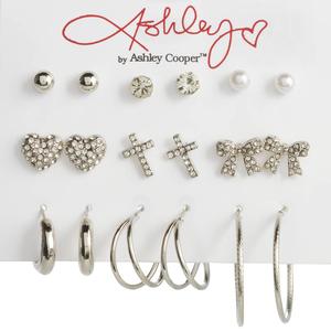 Ashley Silver Plated 9pr. Pave Heart/Cross & Bows Earrings